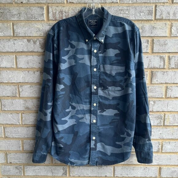 Abercrombie & Fitch Long Sleeve Button Up Blue Camo Shirt Men's Size L - Picture 1 of 9